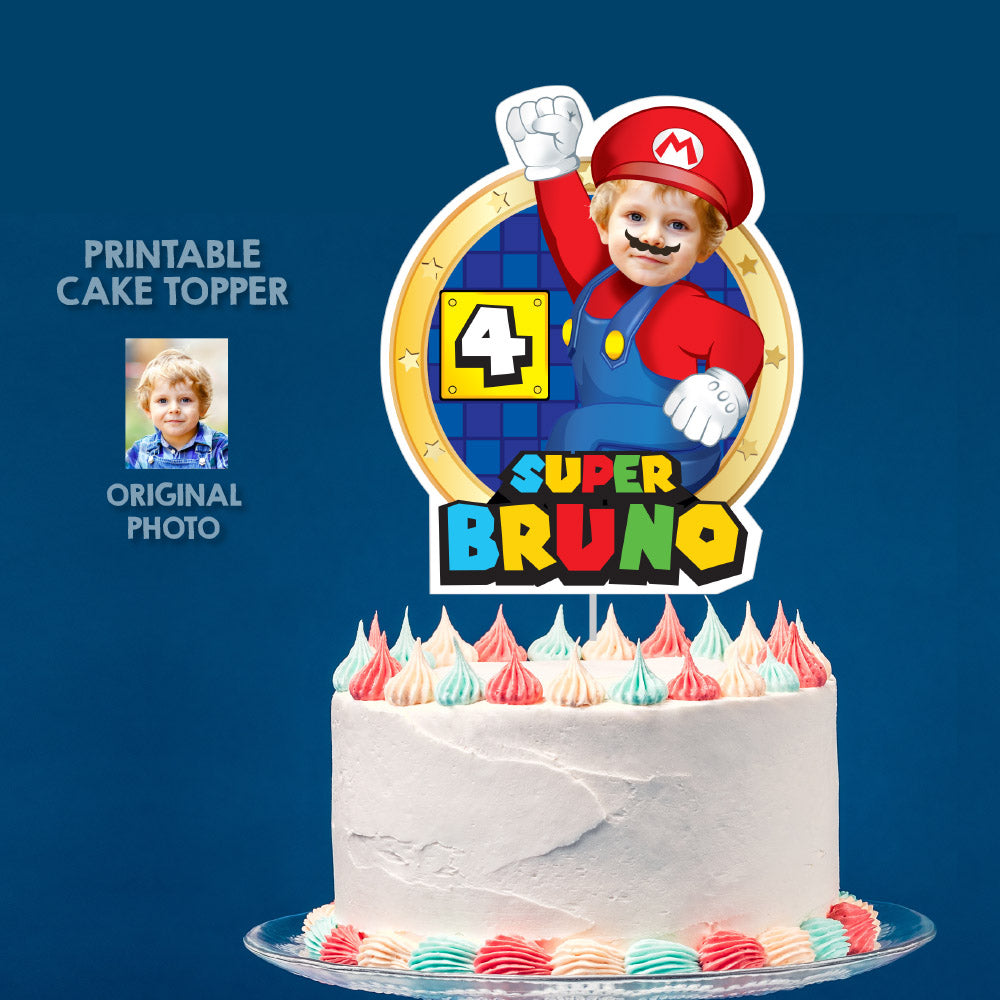 Super Mario Cake topper with your kid as Mario, Super Mario printable cake topper, Mario Bros birthday cake ideas. 2331CT