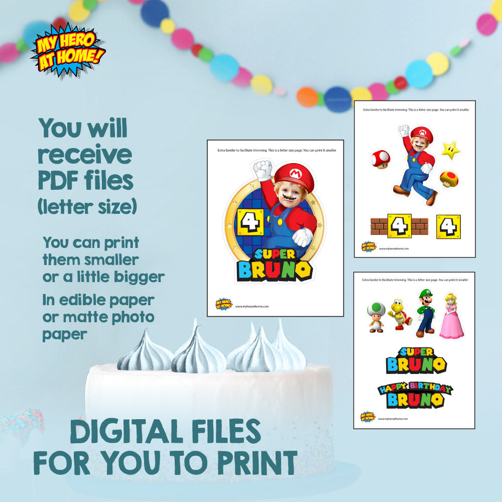Super Mario Cake topper with your kid as Mario, Super Mario printable cake topper, Mario Bros birthday cake ideas. 2331CT