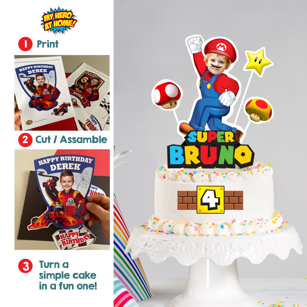 Super Mario Cake topper with your kid as Mario, Super Mario printable cake topper, Mario Bros birthday cake ideas. 2331CT