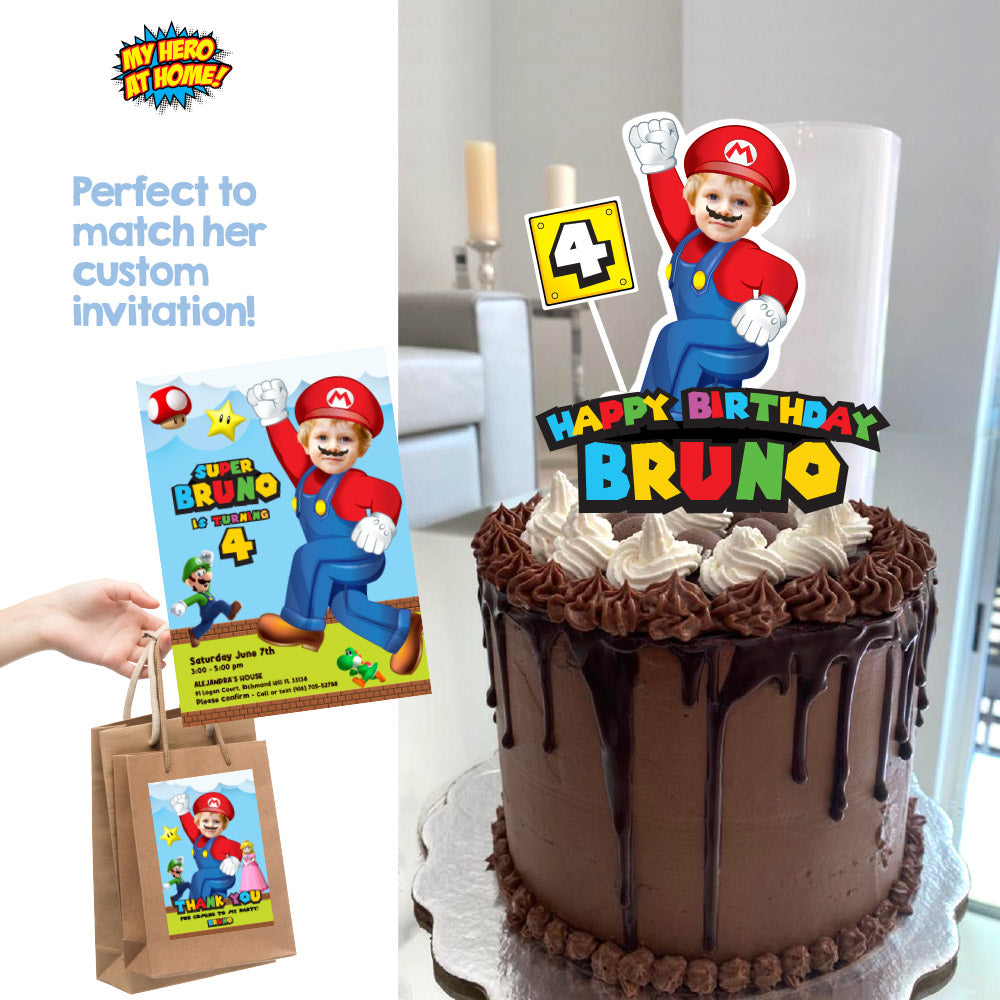 Bundle Super Mario Party table, Mario Photo Cake Topper, snacks labels, Chip bags, Gable box, drink labels. 2331B1