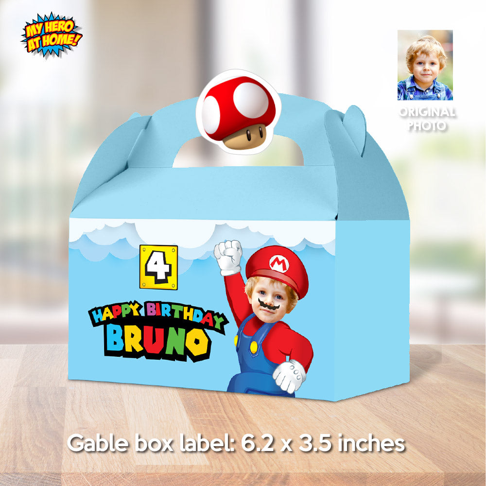 Custom Super Mario Gable Box label, Mario Bros Gift Box with your photo, Mario Bros Box party favors boxes labels. 2331GB