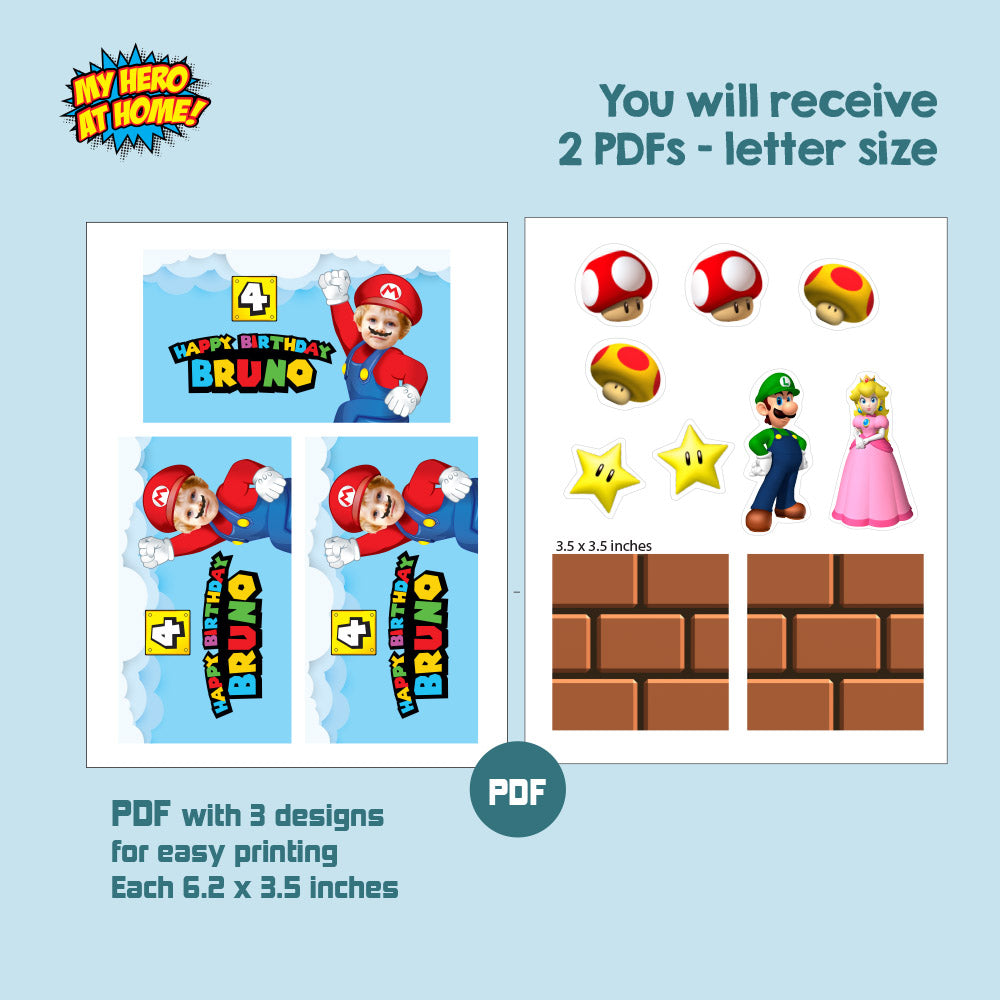 Bundle Super Mario snacks labels, Mario Bros water wrappers and Capri Sun labels, Chip bags, Gable box party favor boxes. 2331B3