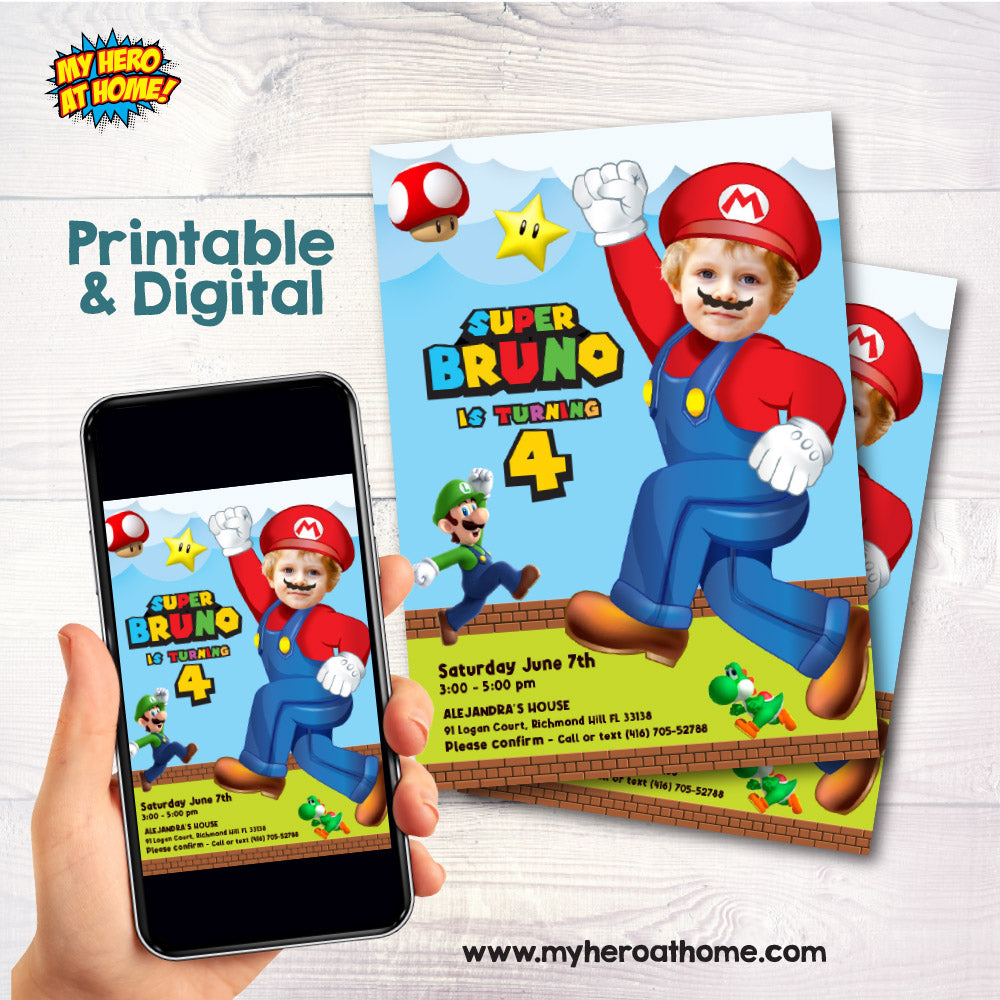 Super Mario Birthday Invitation with your photo, Personalized Super Mario party Invitation, Super Mario photo invitation, Mario Bros digital invitation. 2331IN