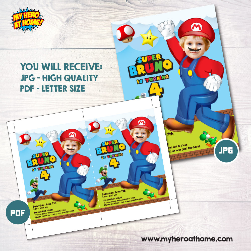 Super Mario Birthday Invitation with your photo, Personalized Super Mario party Invitation, Super Mario photo invitation, Mario Bros digital invitation. 2331IN