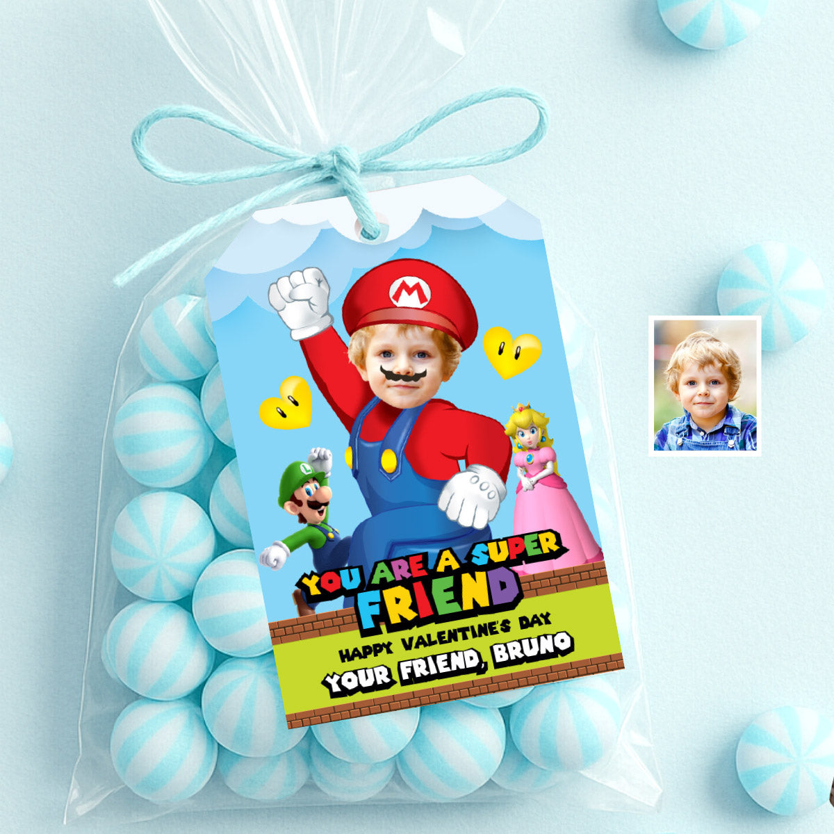 Personalized Super Mario Valentines tags with child as a cute Super Mario. 2331VL1