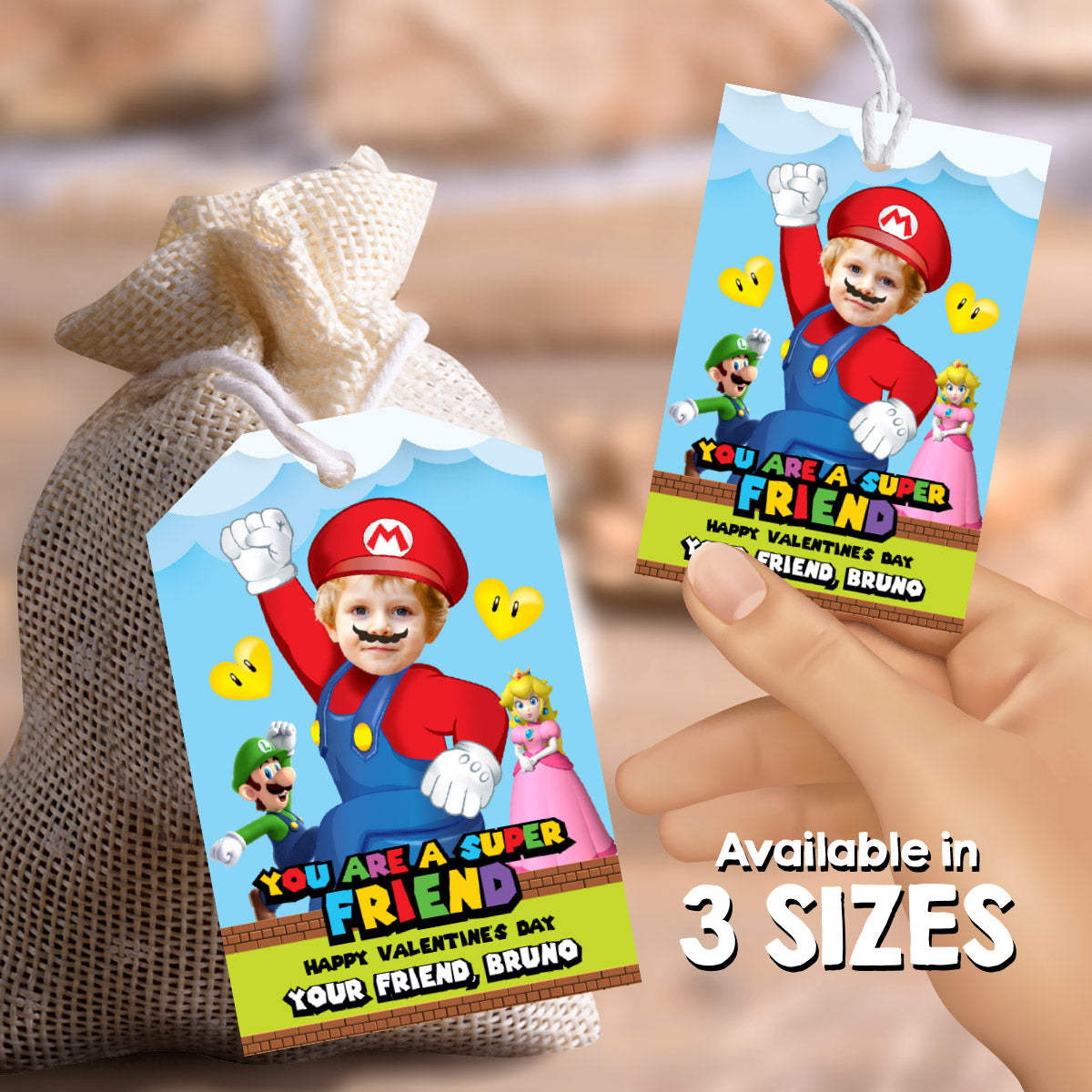 Personalized Super Mario Valentines tags with child as a cute Super Mario. 2331VL1
