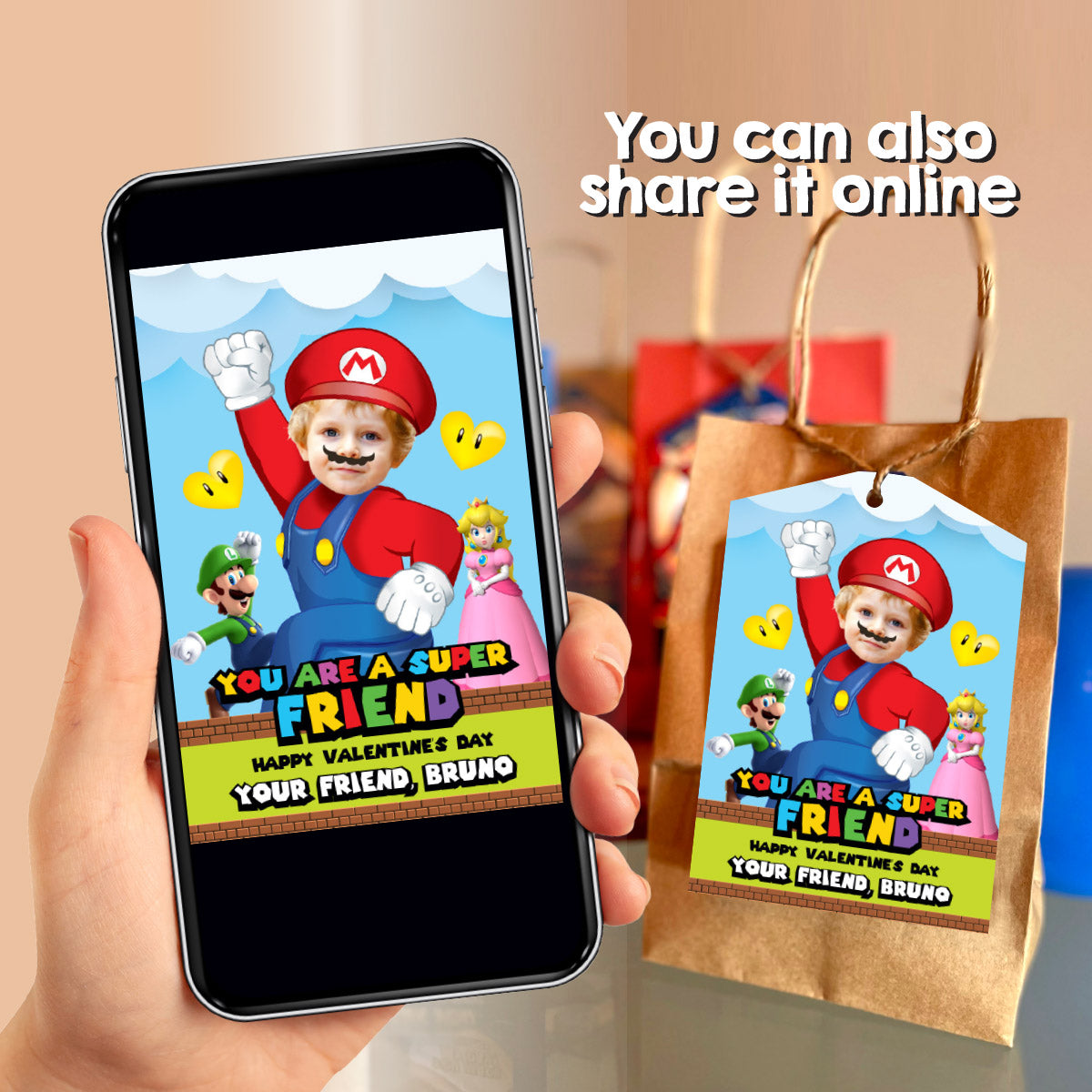 Personalized Super Mario Valentines tags with child as a cute Super Mario. 2331VL1