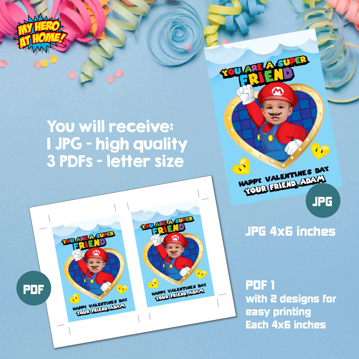Super Mario Valentines Day tags with child as Mario, Super Mario tags. 2331VL2