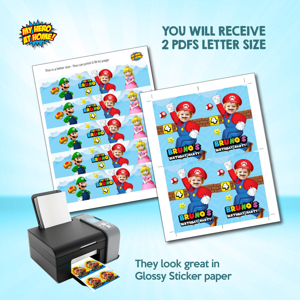 Bundle Super Mario Party table, Mario Photo Cake Topper, snacks labels, Chip bags, Gable box, drink labels. 2331B1