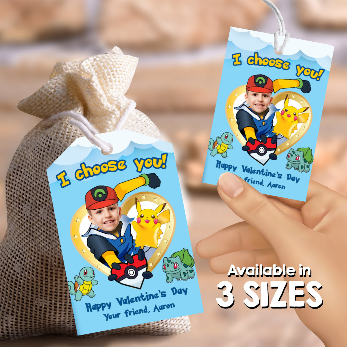 Pokemon Valentines gifts tags with kid as Ash the trainer, Pokemon Valentine grams tags. 2332VLB