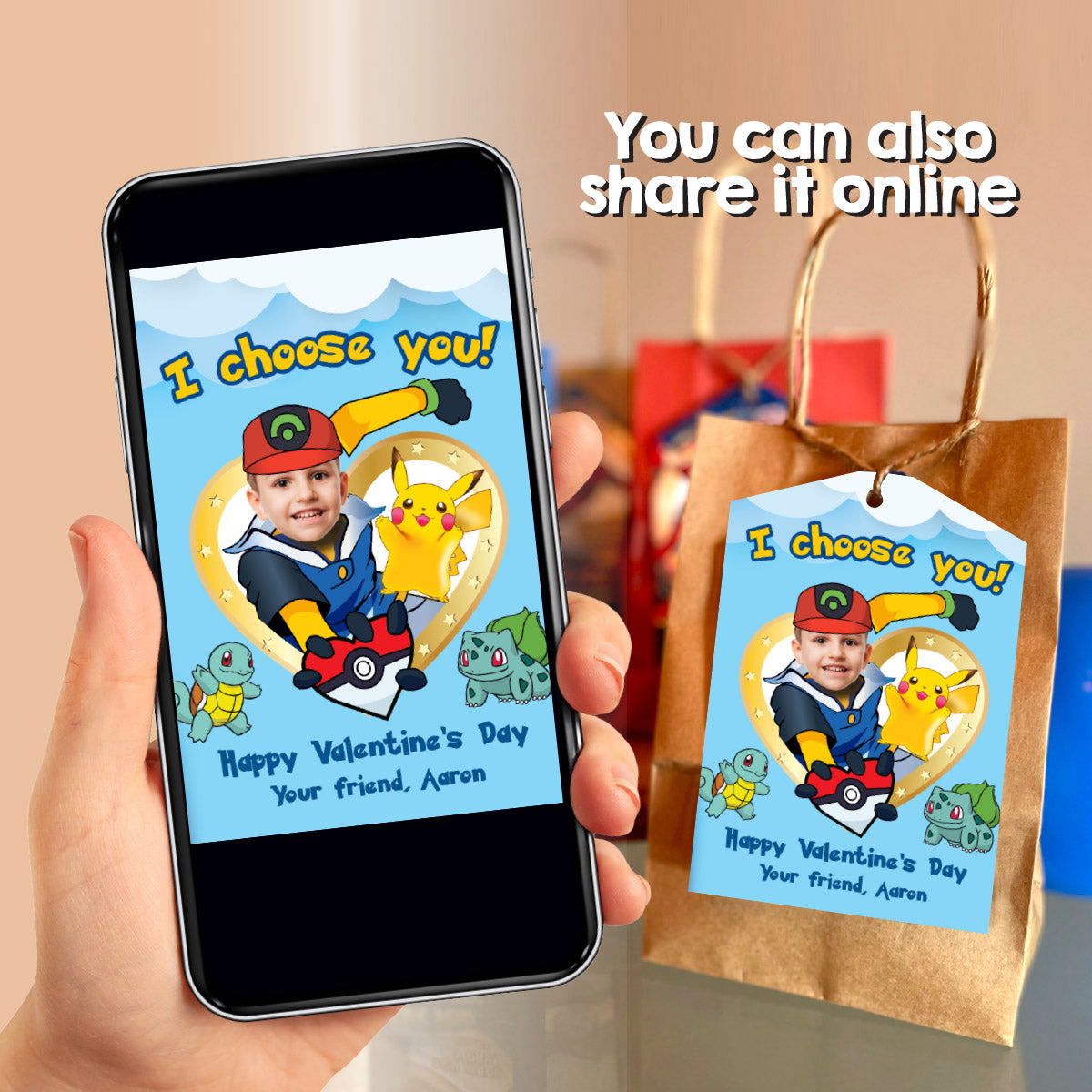 Pokemon Valentines gifts tags with kid as Ash the trainer, Pokemon Valentine grams tags. 2332VLB