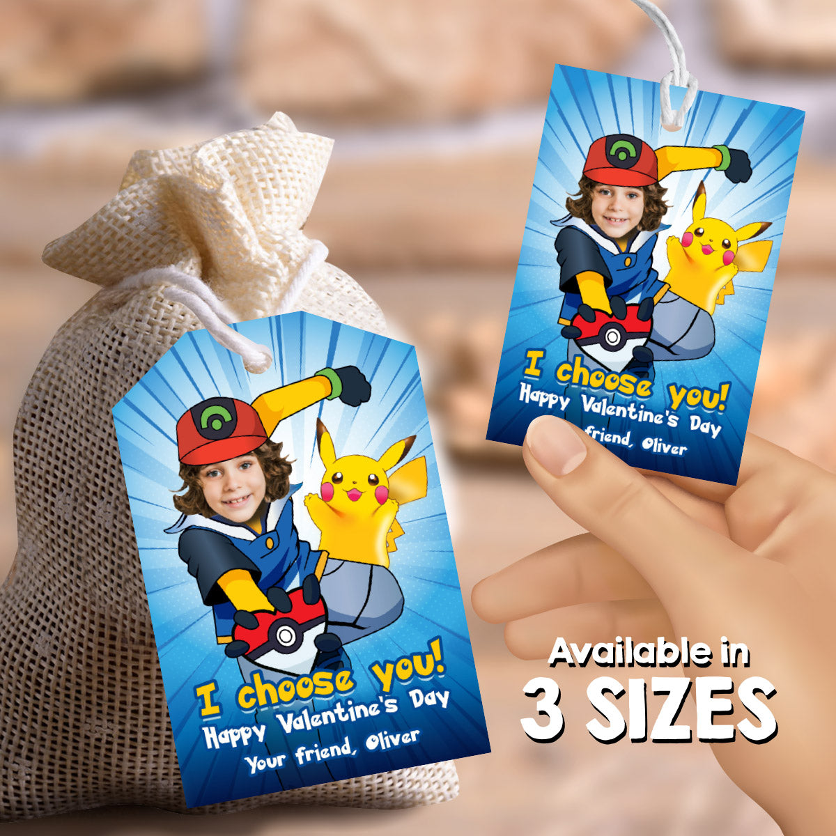 Personalized Pokemon and Pikachu Valentines Day tags with child as the star. 2332VL