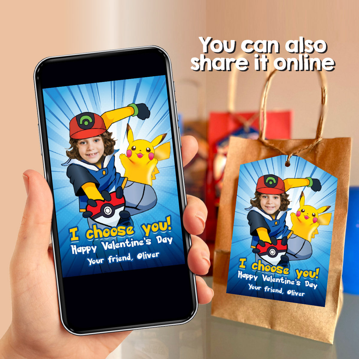 Personalized Pokemon and Pikachu Valentines Day tags with child as the star. 2332VL