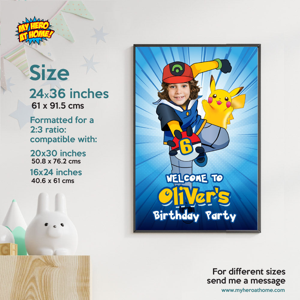 Custom Pokemon Welcome sign with photo, Ash the Pokémon trainer welcome party, Pokemon Birthday Welcome Print. 2332WS