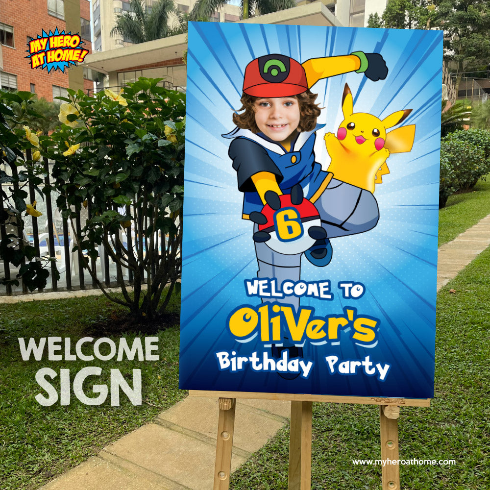 Custom Pokemon Welcome sign with photo, Ash the Pokémon trainer welcome party, Pokemon Birthday Welcome Print. 2332WS