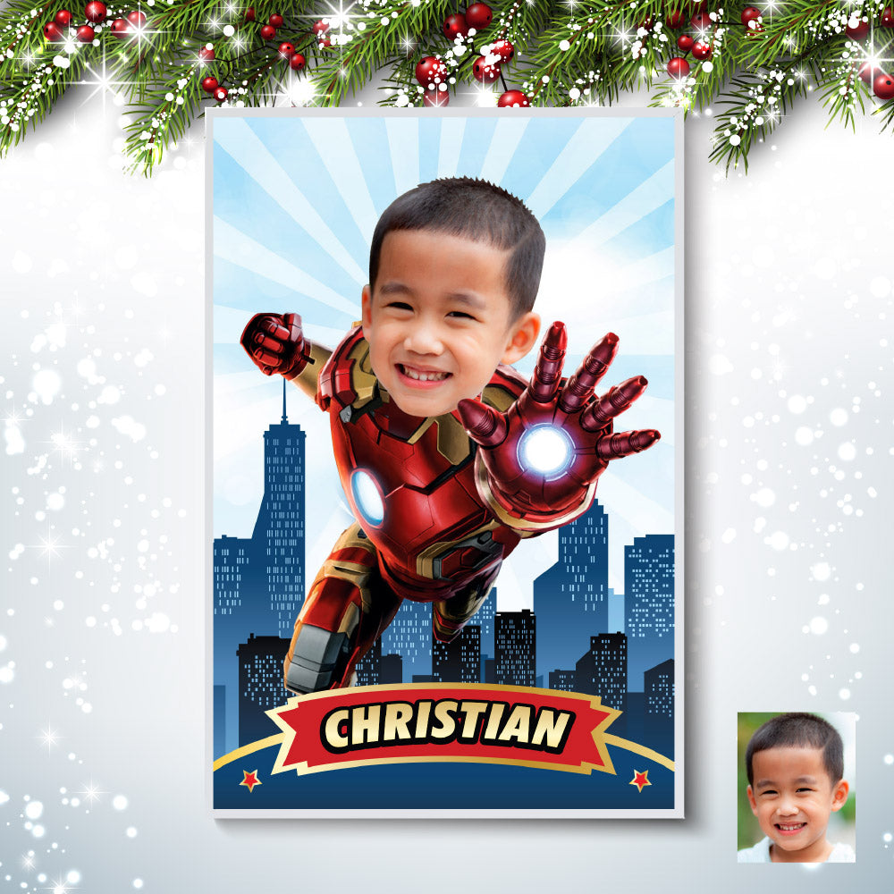 Custom Iron Man Gifts with child as his favorite Avenger, Iron Man Print with photo. 2333GF