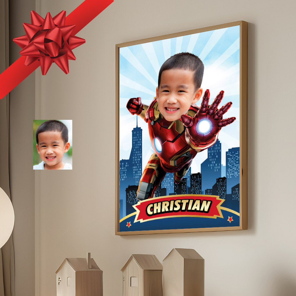 Custom Iron Man Gifts with child as his favorite Avenger, Iron Man Print with photo. 2333GF