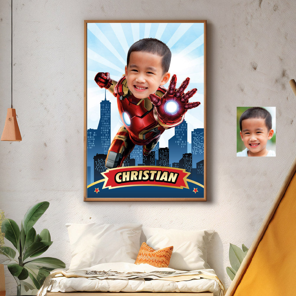 Custom Iron Man Gifts with child as his favorite Avenger, Iron Man Print with photo. 2333GF