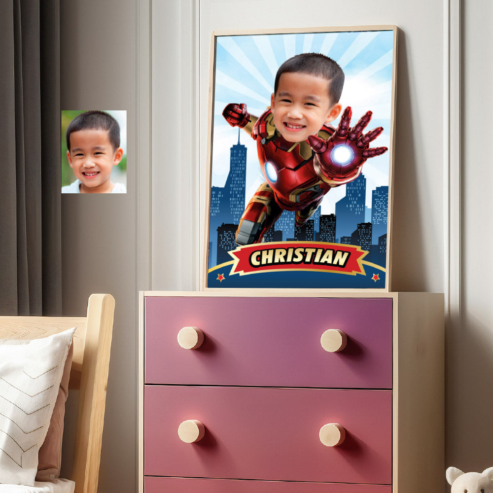 Custom Iron Man Gifts with child as his favorite Avenger, Iron Man Print with photo. 2333GF