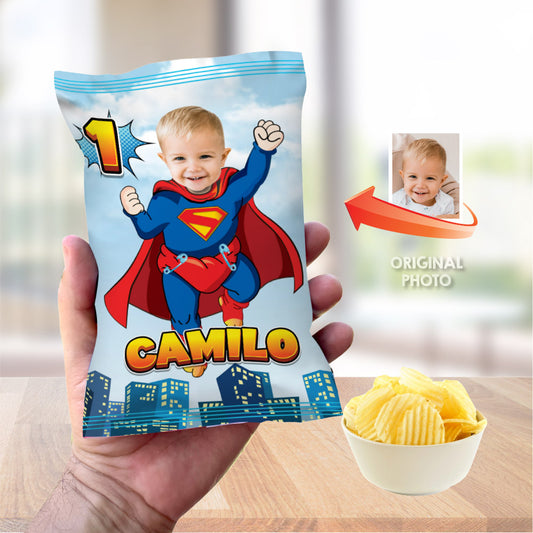 Baby Superman chip bags party favors with your baby as the star, Super baby Chip Bag Wrapper. 2335CB