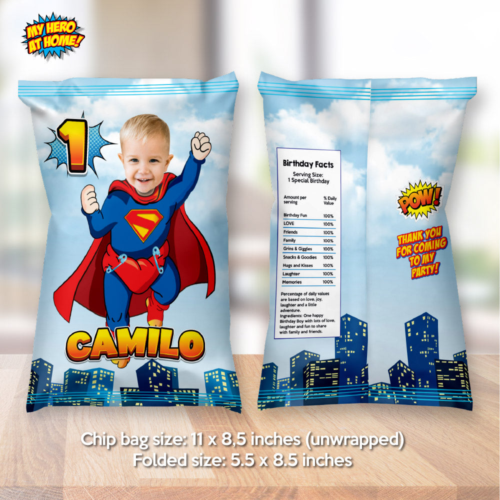 Baby Superman chip bags party favors with your baby as the star, Super baby Chip Bag Wrapper. 2335CB