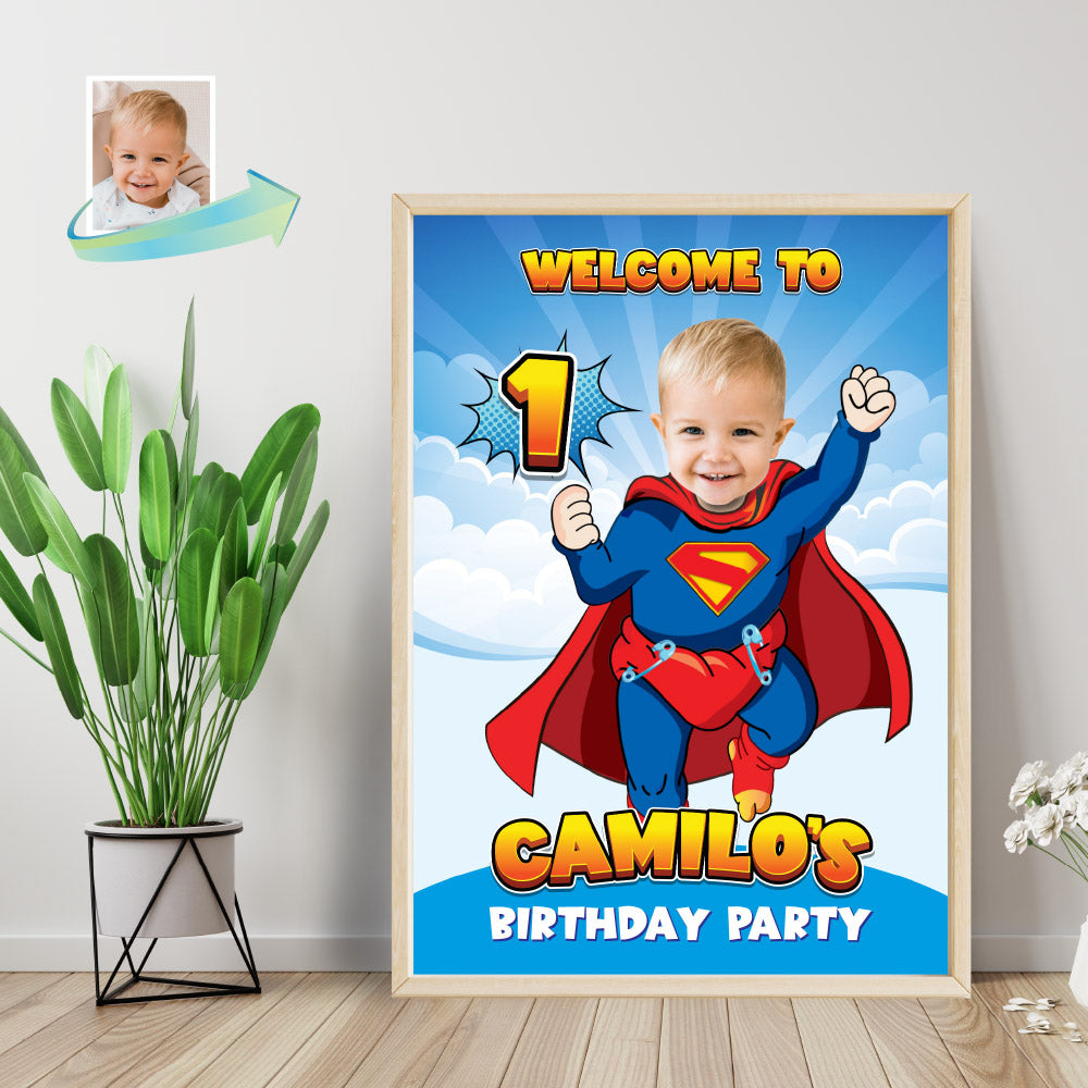 Baby Superman 1st Welcome sign with photo, Super baby welcome party, Superman 1st Birthday Entrance sign. 2335WS