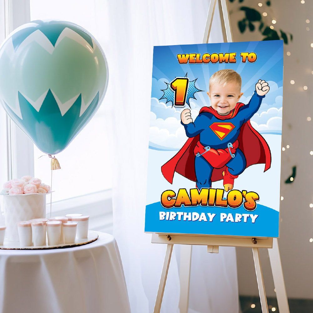 Baby Superman 1st Welcome sign with photo, Super baby welcome party, Superman 1st Birthday Entrance sign. 2335WS