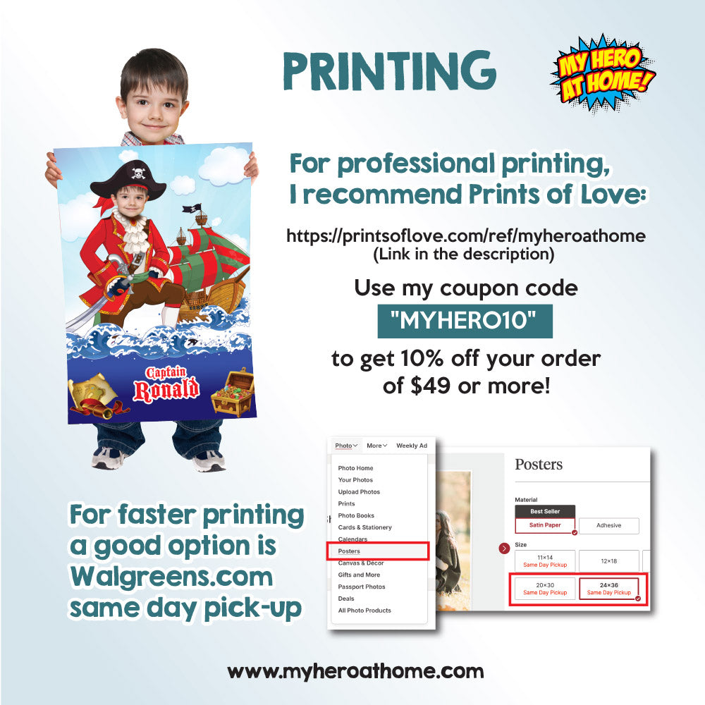 Custom Pirate Poster with kid as the star, Printable Pirate Gifts with photo. 2336GF