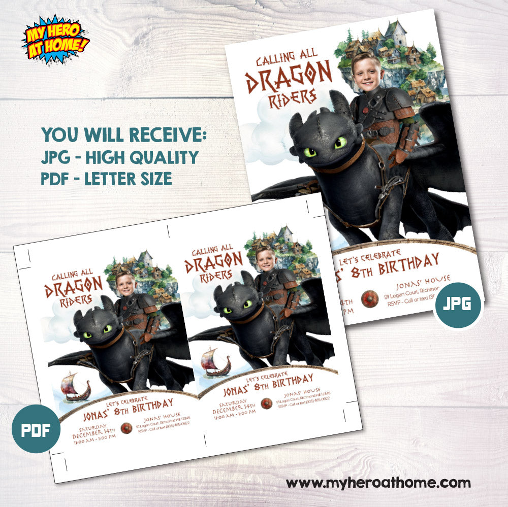 How to Train your Dragon birthday Invitation with your kid as Hiccup, Calling all dragon riders party. 2338IN