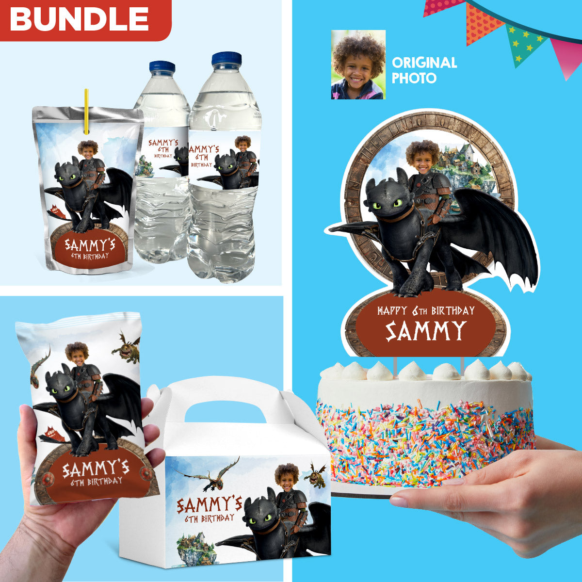 Bundle Hiccup and Toothless Party table matching items, Cake Topper, snacks labels, Chip bags, Gable box, drink labels. 2339B1