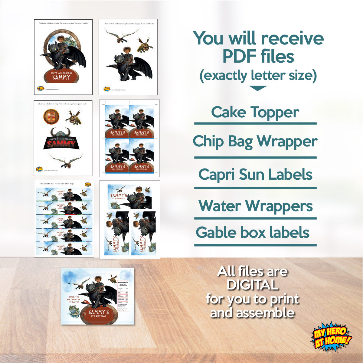 Bundle Hiccup and Toothless Party table matching items, Cake Topper, snacks labels, Chip bags, Gable box, drink labels. 2339B1