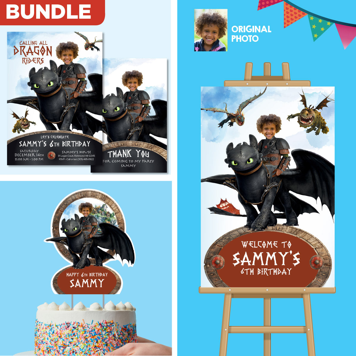 Bundle Hiccup and Toothless Birthday with your child as the star, Invitation and Thank you, Cake Topper and Welcome Sign. 2339B2