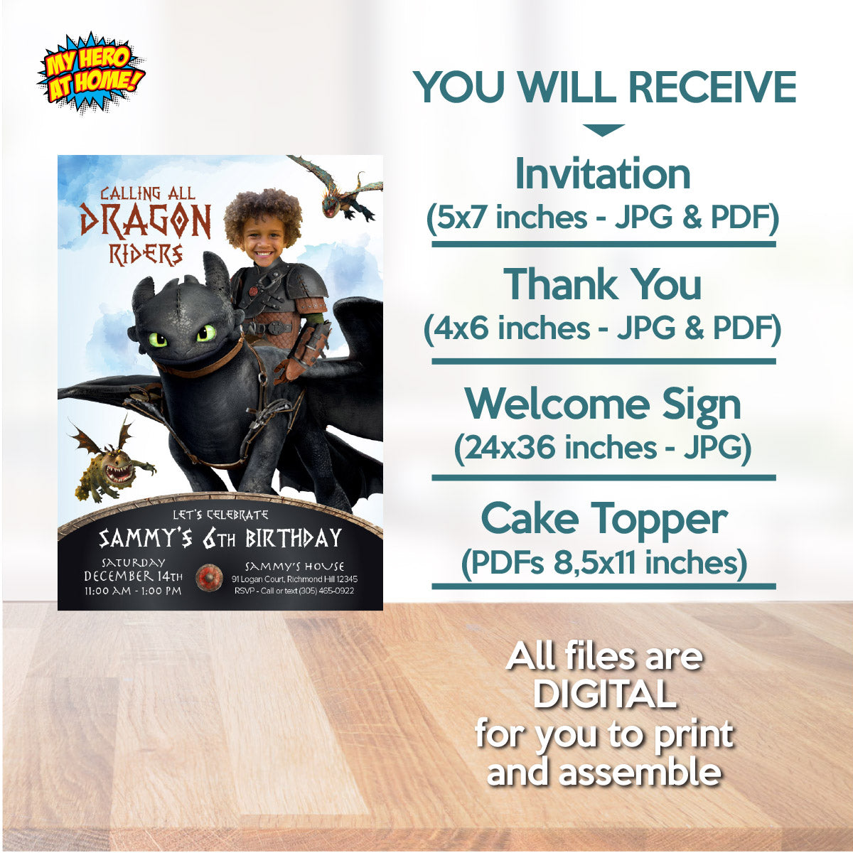 Bundle Hiccup and Toothless Birthday with your child as the star, Invitation and Thank you, Cake Topper and Welcome Sign. 2339B2