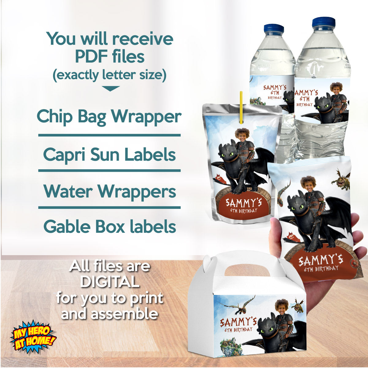 Bundle Hiccup and Toothless snacks labels, water wrappers and capri sun labels (Potato Chips bags, Candy box). 2339B3