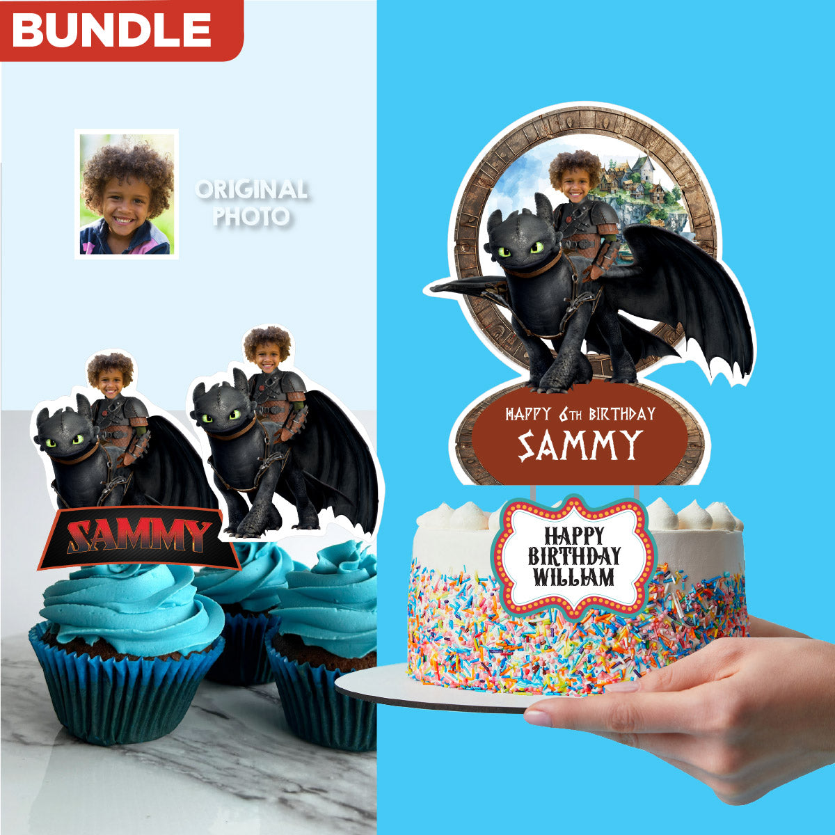 Matching cupcake and cake toppers for a Hiccup and Toothless-themed birthday party with your kid as Hiccup. 2339B5