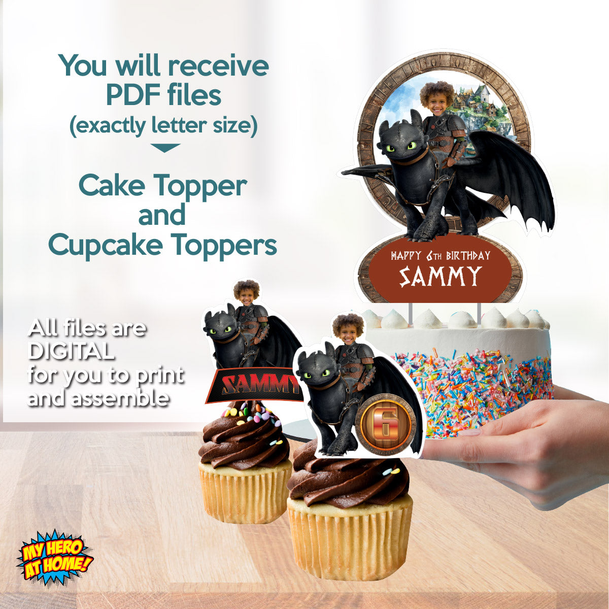 Matching cupcake and cake toppers for a Hiccup and Toothless-themed birthday party with your kid as Hiccup. 2339B5