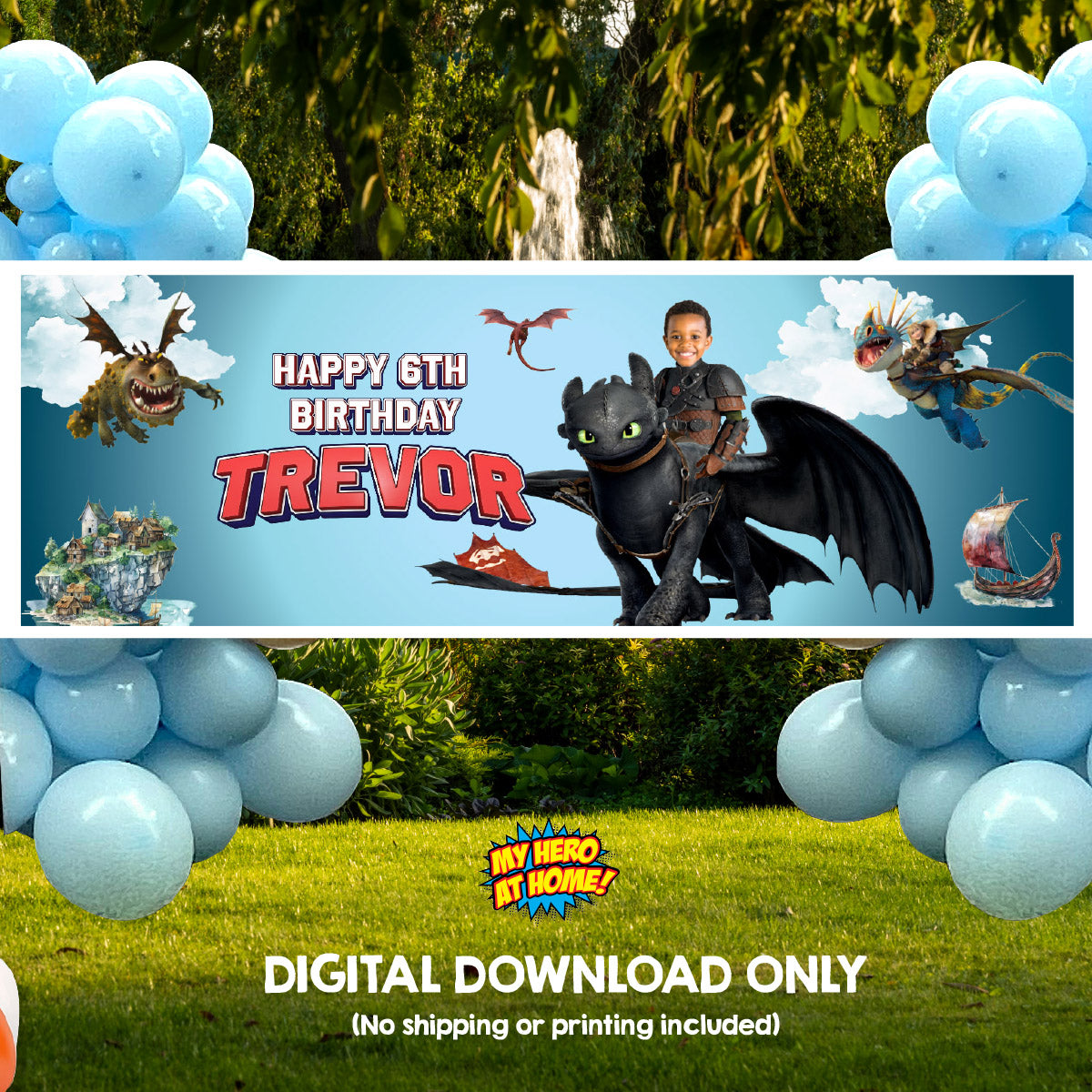 How To Train Your Dragon Horizontal Birthday Banner with Child as Hiccup. 2339BBH