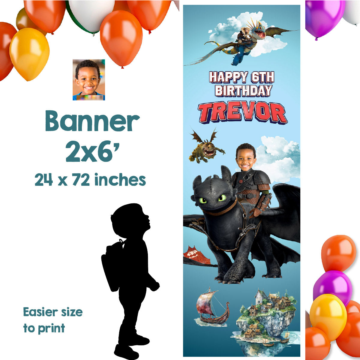 How To Train Your Dragon Vertical Party Banner with Birthday Kid as Hiccup. 2339BBV