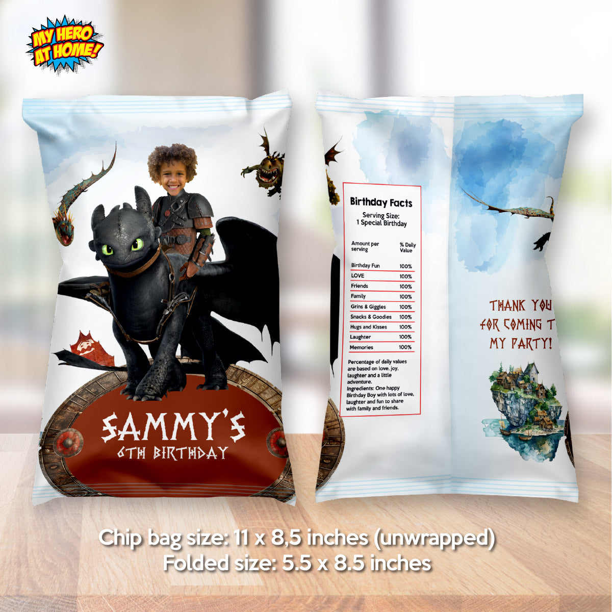 How to train your Dragon personalized chip bags and snack wrappers , Hiccup and toothless Party Favors bags. 2339CB