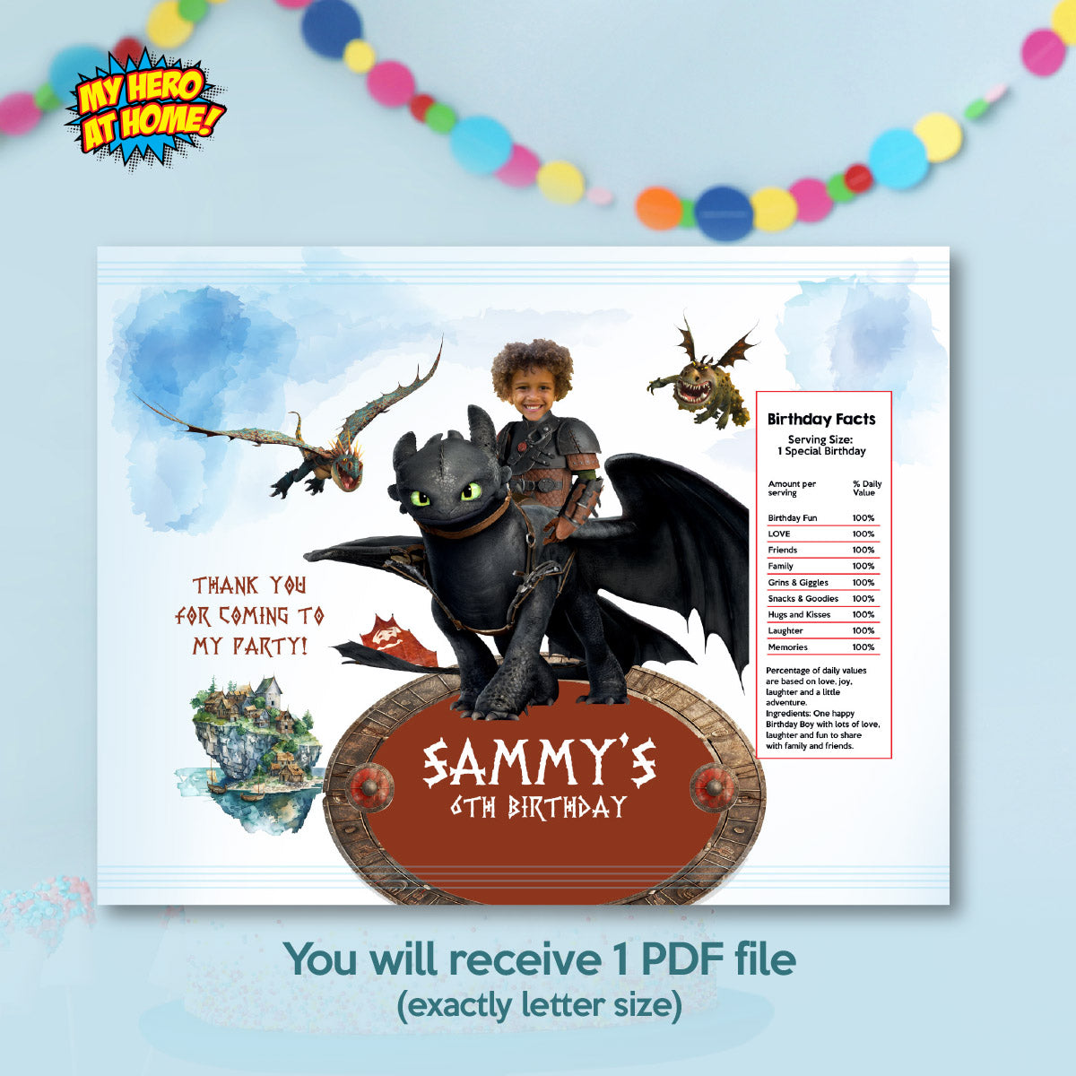 Bundle Hiccup and Toothless Party table matching items, Cake Topper, snacks labels, Chip bags, Gable box, drink labels. 2339B1
