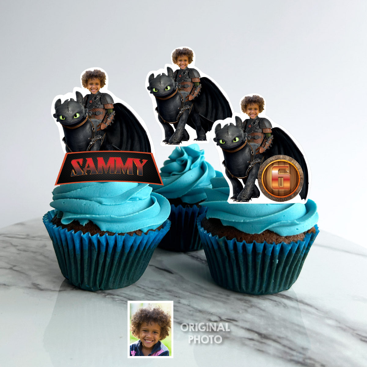 Matching cupcake and cake toppers for a Hiccup and Toothless-themed birthday party with your kid as Hiccup. 2339B5