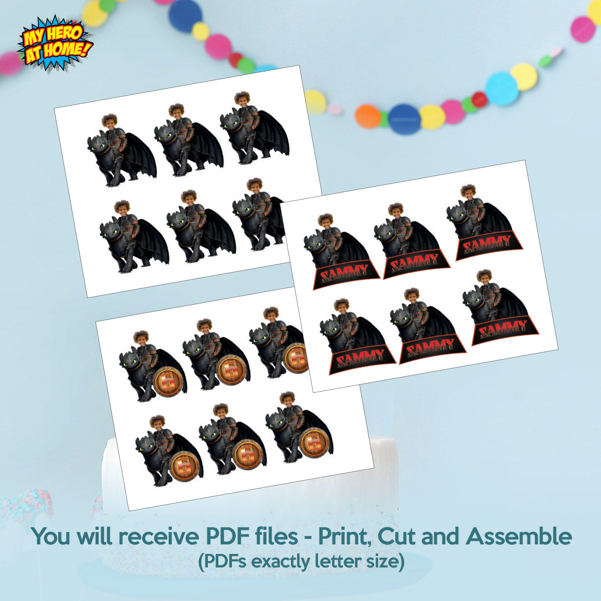 Matching cupcake and cake toppers for a Hiccup and Toothless-themed birthday party with your kid as Hiccup. 2339B5