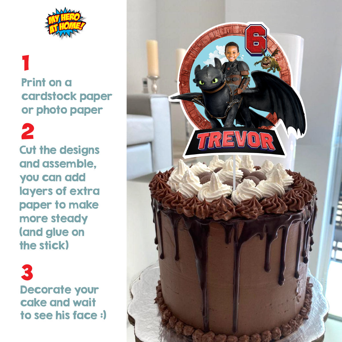 Custom How to Train your Dragon Cake Topper with child as Hiccup riding Toothless. 2339CT2