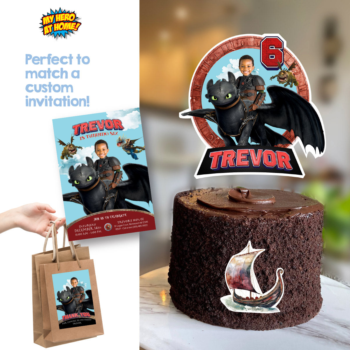 Custom How to Train your Dragon Cake Topper with child as Hiccup riding Toothless. 2339CT2