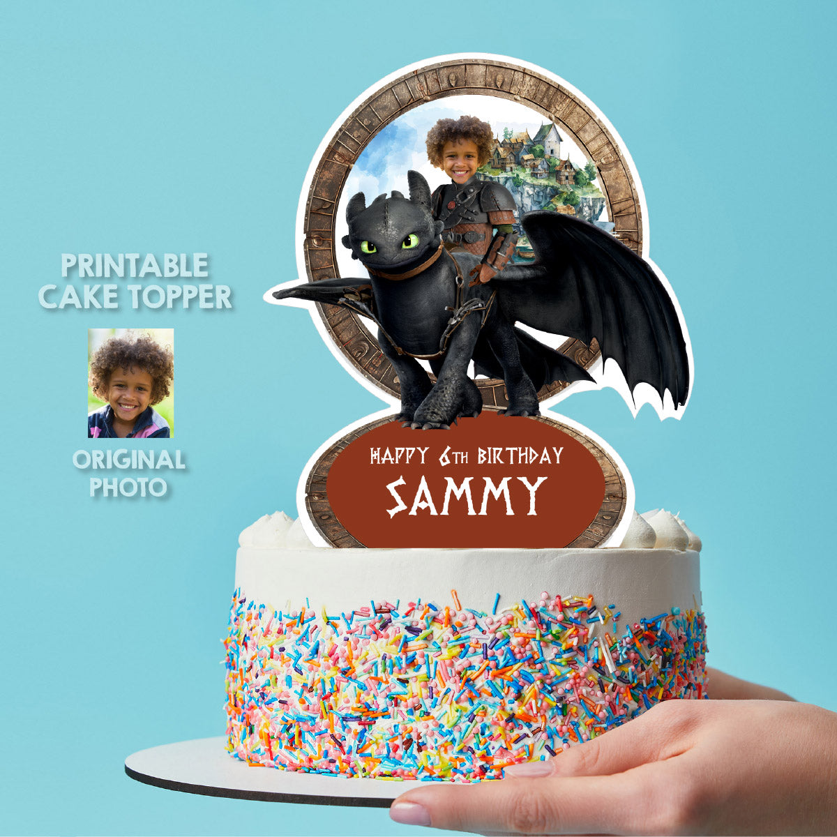 Matching cupcake and cake toppers for a Hiccup and Toothless-themed birthday party with your kid as Hiccup. 2339B5