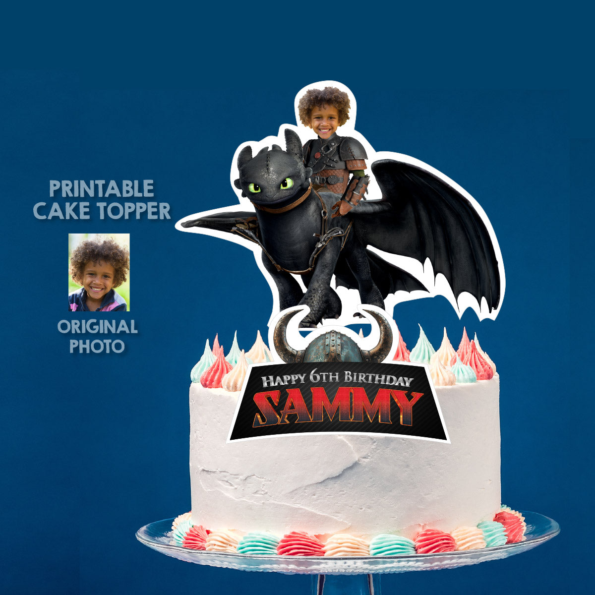 How to Train your Dragon cake topper featuring your kid as Hiccup, Toothless and Hiccup cake printable. 2339CT
