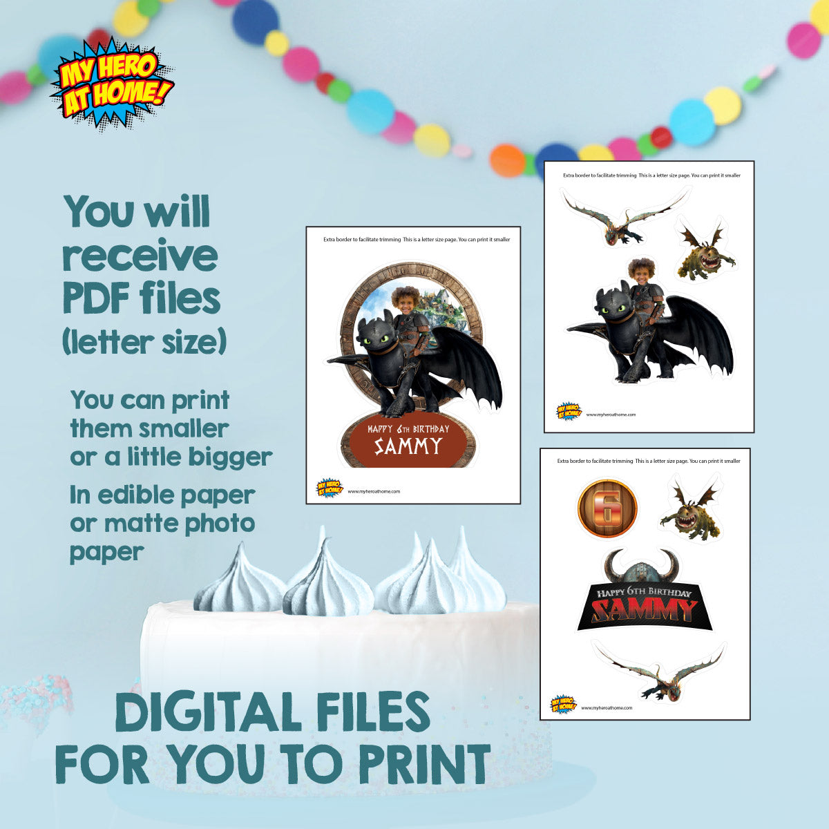 How to Train your Dragon cake topper featuring your kid as Hiccup, Toothless and Hiccup cake printable. 2339CT