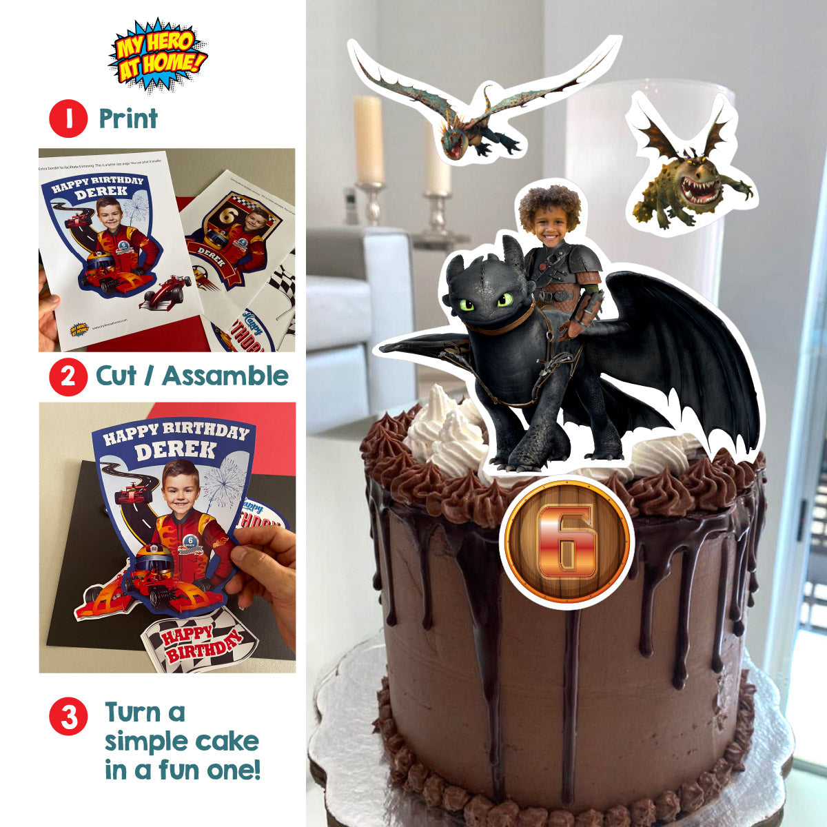 How to Train your Dragon cake topper featuring your kid as Hiccup, Toothless and Hiccup cake printable. 2339CT