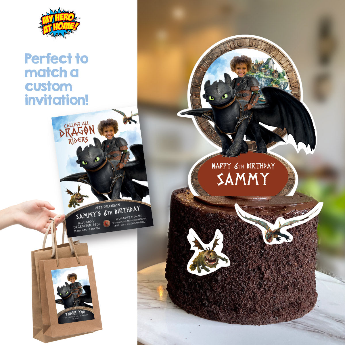 How to Train your Dragon cake topper featuring your kid as Hiccup, Toothless and Hiccup cake printable. 2339CT