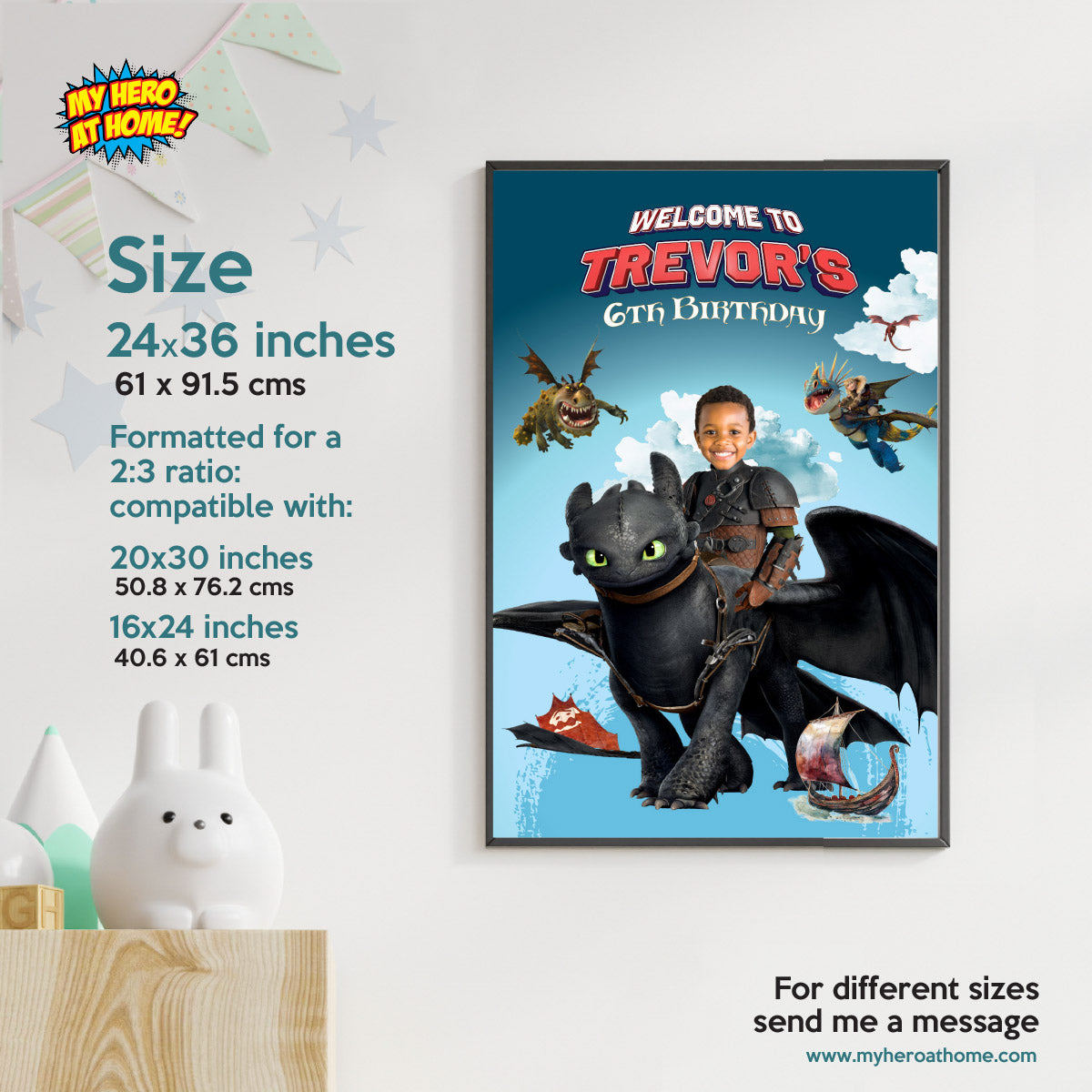 Personalized How to Train your Dragon Welcome Sign with Birthday Kid as Hiccup. 2339WSB
